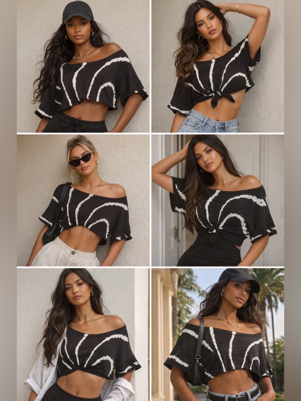 “Year of Ours” Black & White Tie-Dye Off-Shoulder Boho Chic Crop Top | Medium
